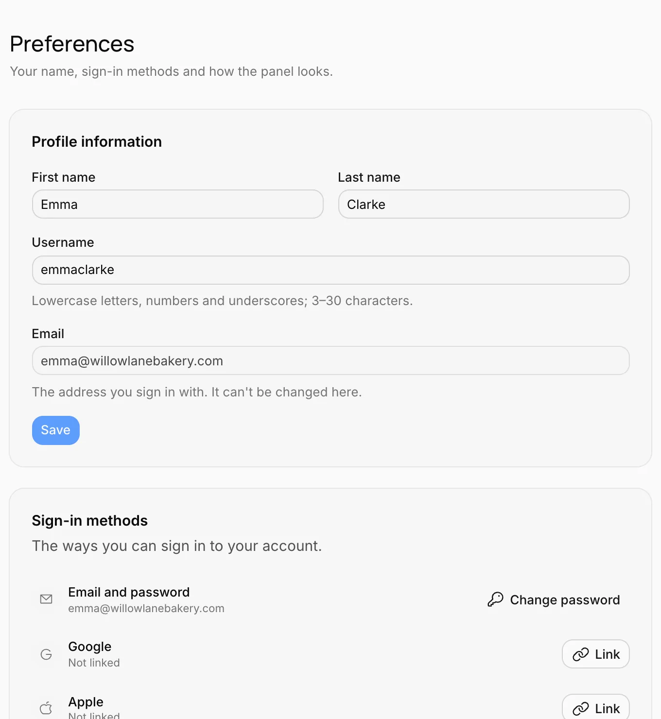 Preferences: profile information and sign-in methods