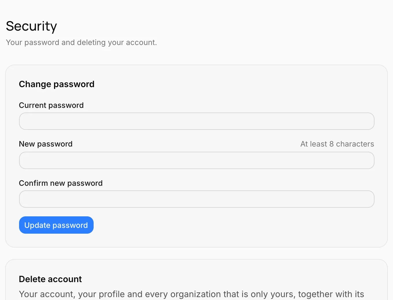 Security: changing the password and deleting the account
