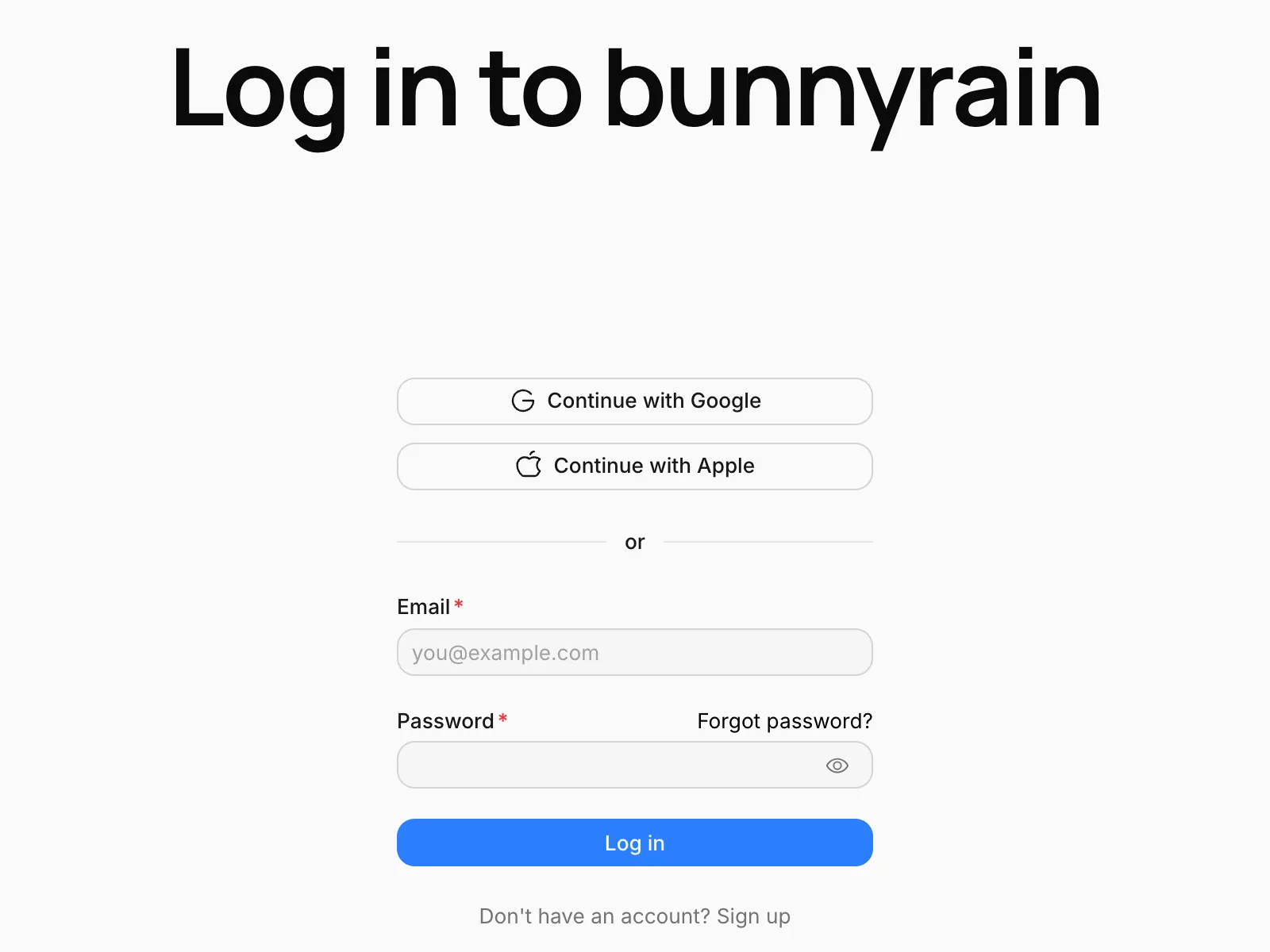 The login screen: Google and Apple buttons, email and password fields