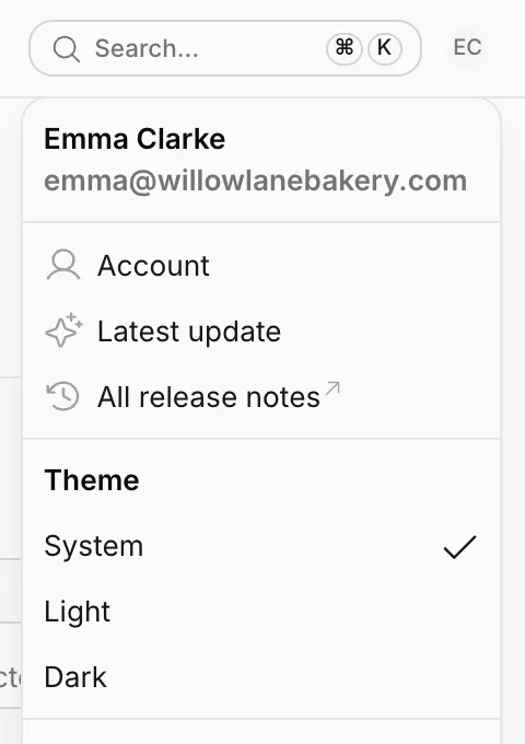 The profile menu: Account, Latest update, All release notes and Theme