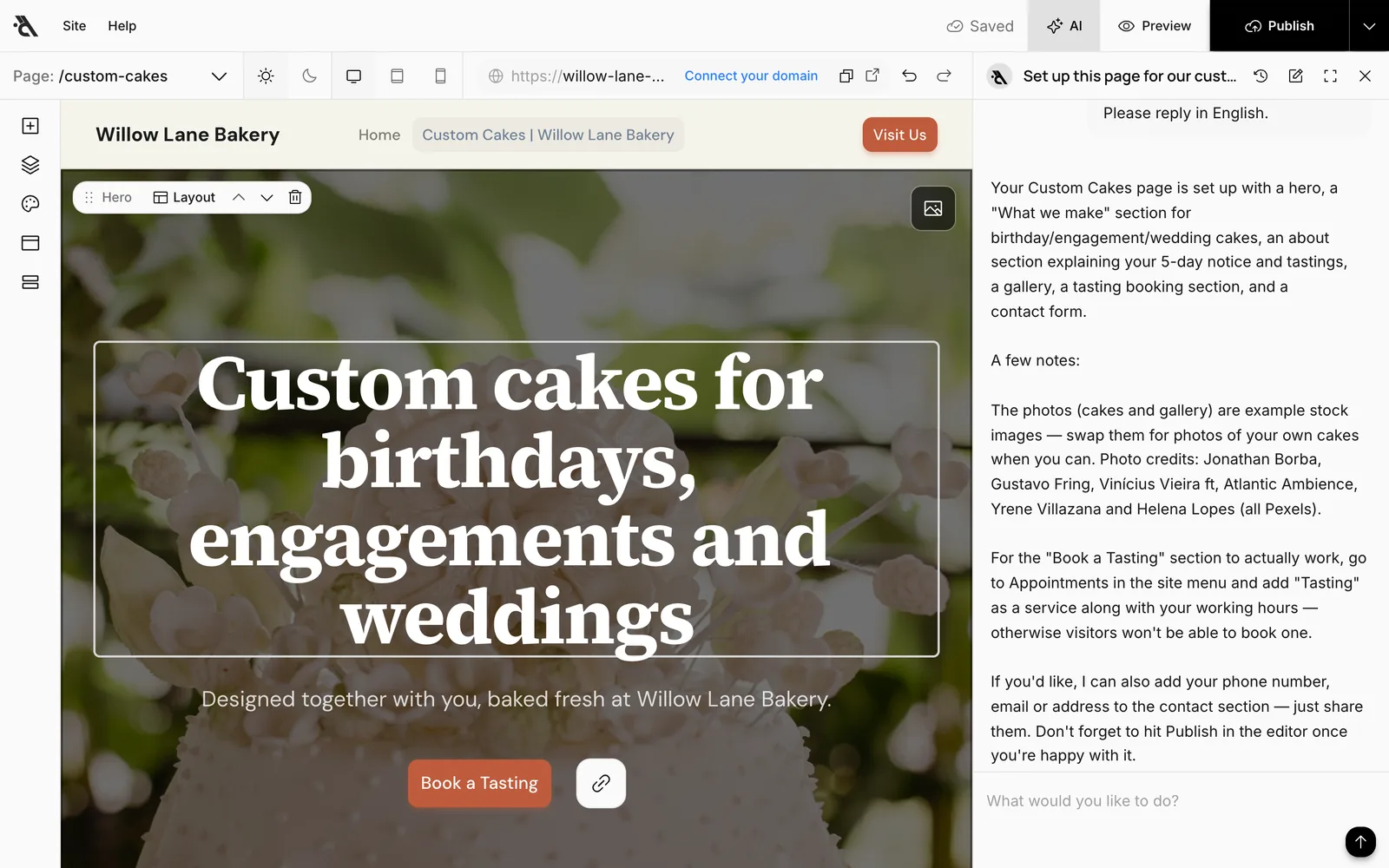 The custom cakes page written by the assistant, and its explanation in the chat