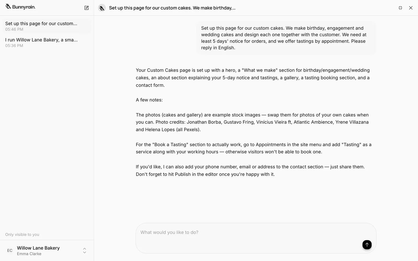 The assistant in full screen: the conversation list on the left, the chat in the middle