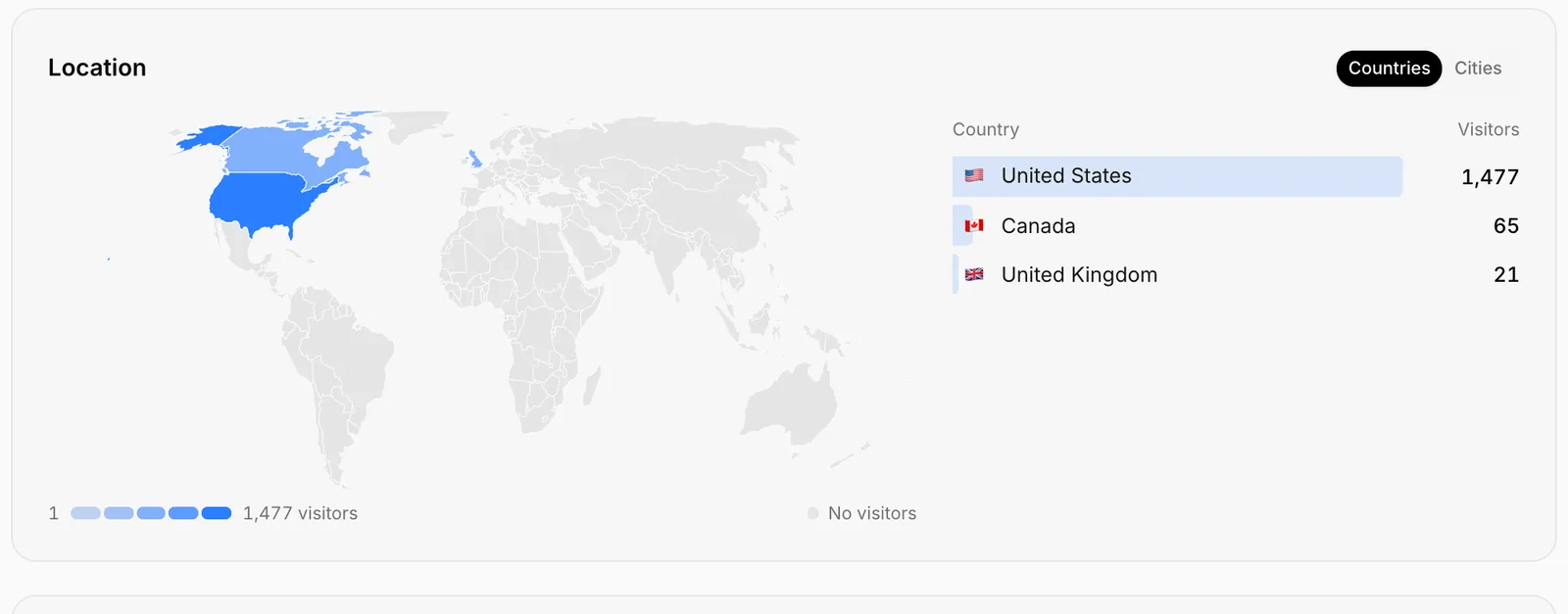 The Location card: world map and country list