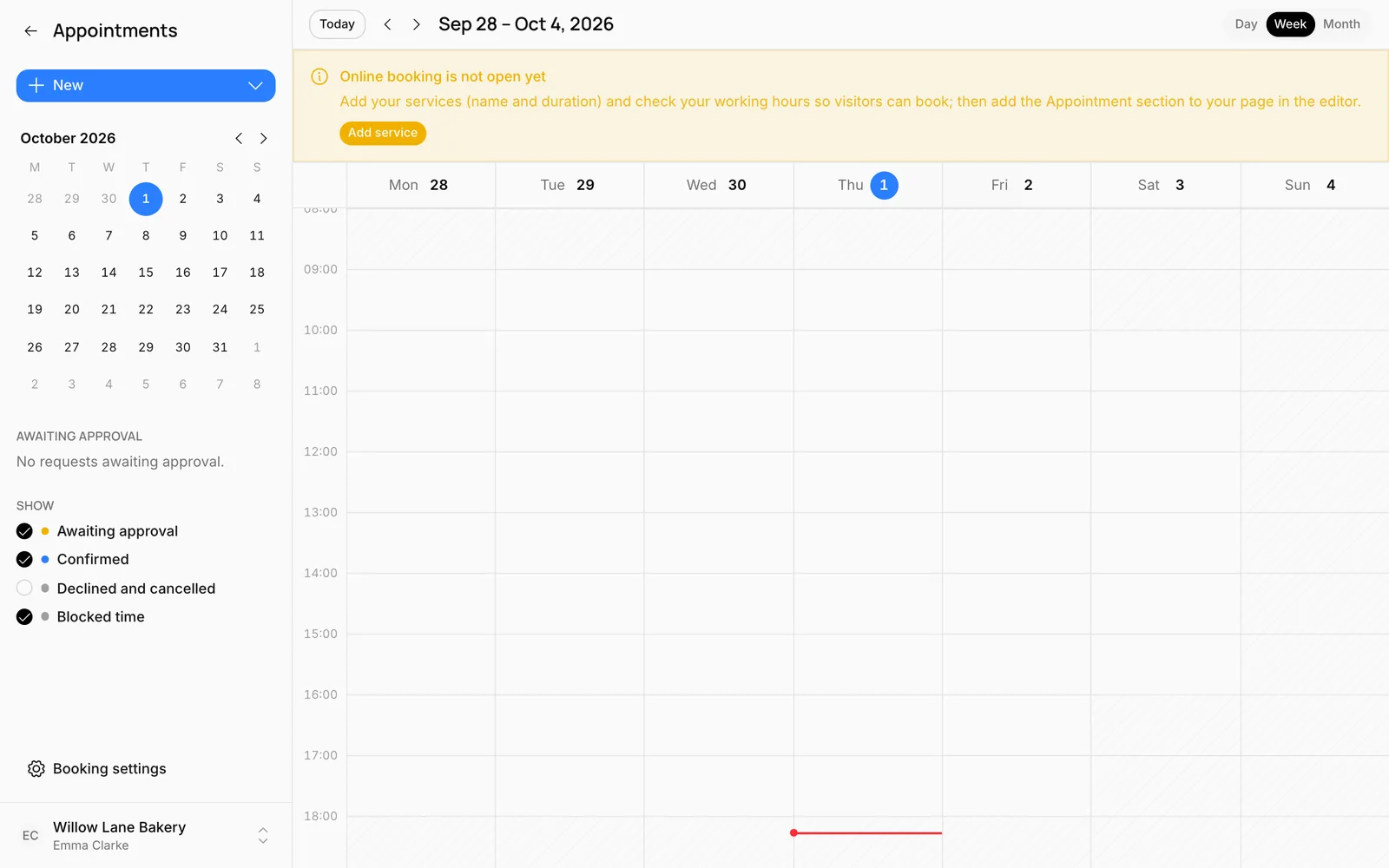 The Appointments screen: the Online booking is not open yet notice and an empty calendar