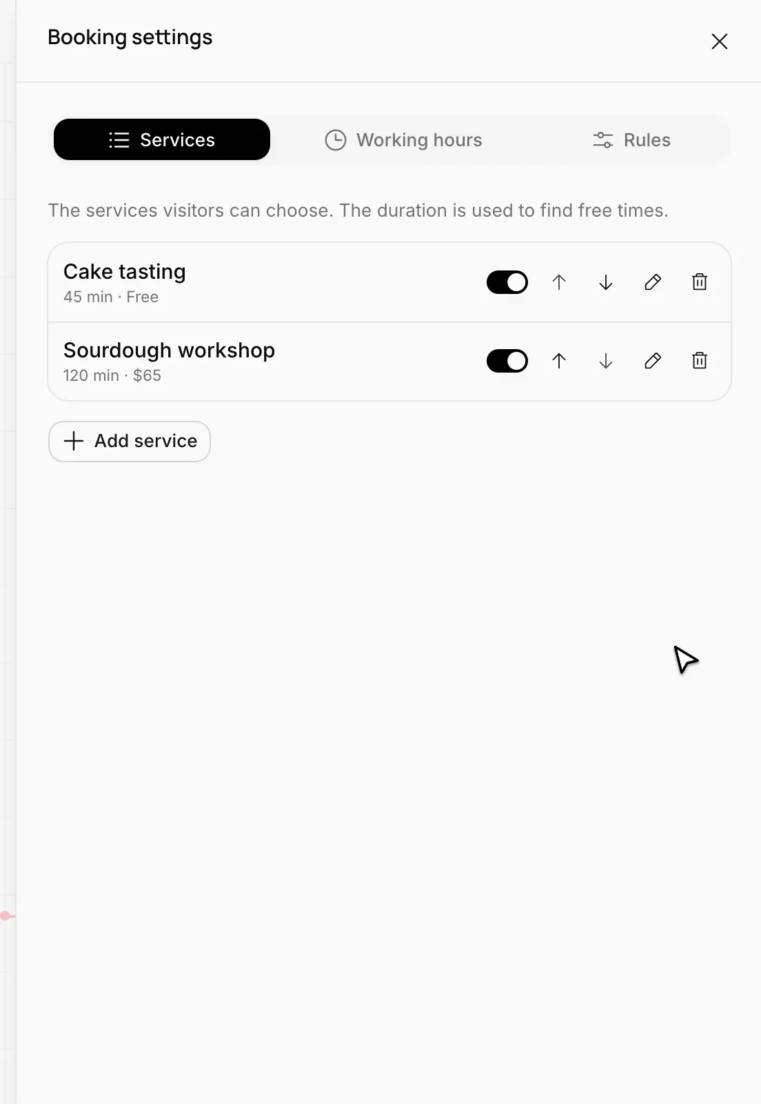 The Services tab: Cake tasting and Sourdough workshop