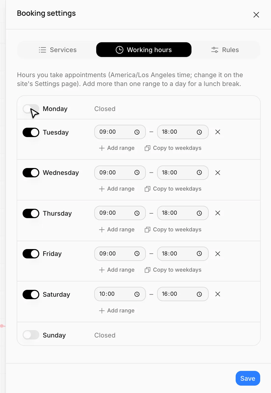 The Working hours tab: time ranges for each day