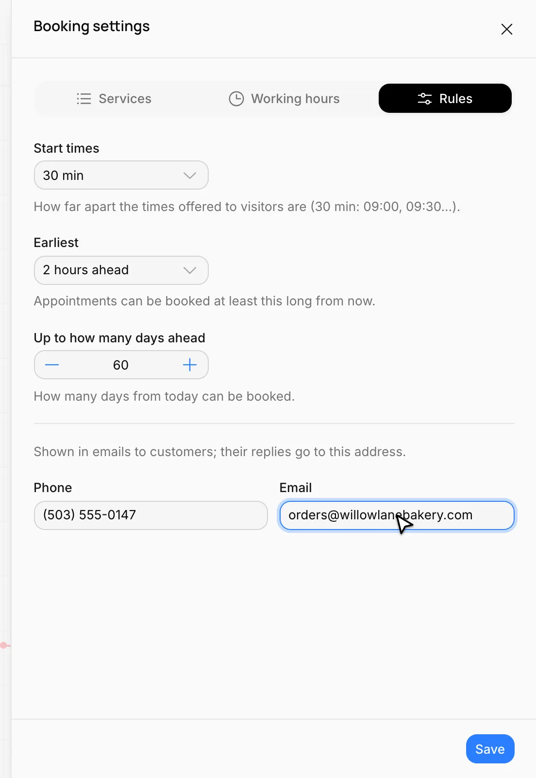 The Rules tab: start times, earliest, up to how many days ahead and contact details