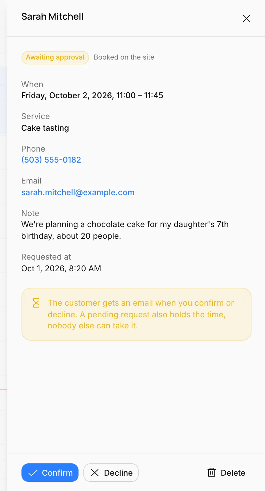 Appointment details: Confirm and Decline buttons