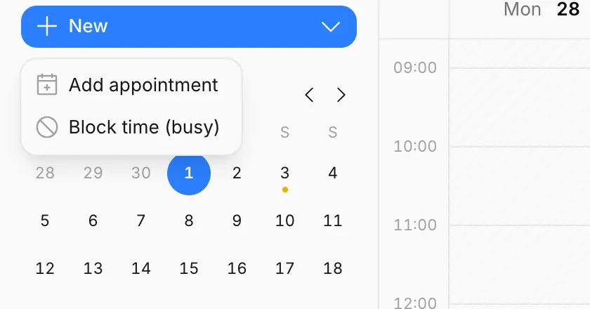 The New menu: Add appointment and Block time (busy)