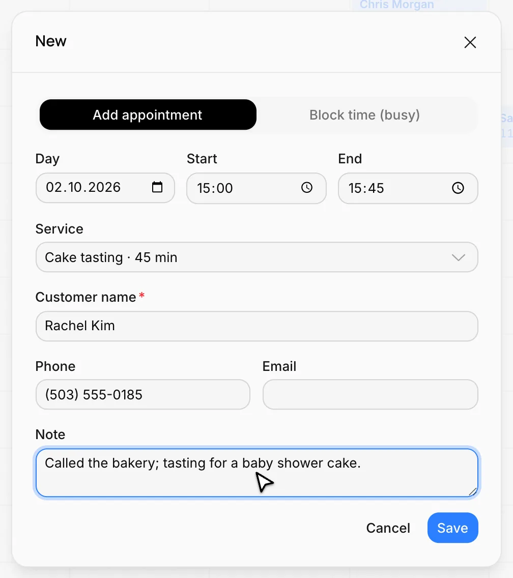 The Add appointment window