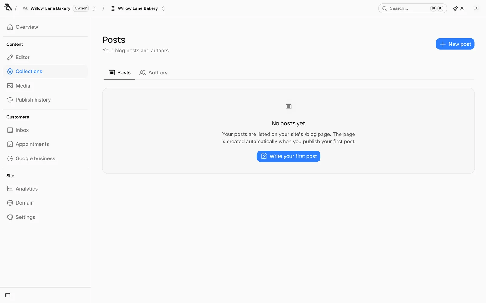 The Posts screen with no posts yet and the Write your first post button