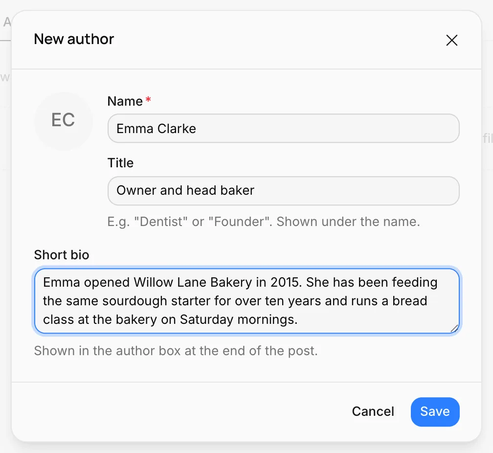 The New author window