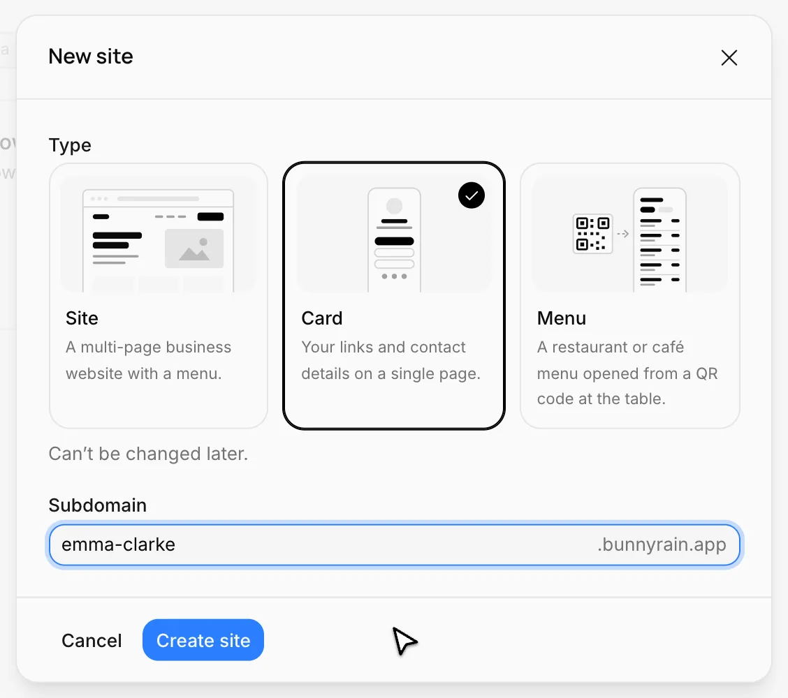 The New site window: Card type selected