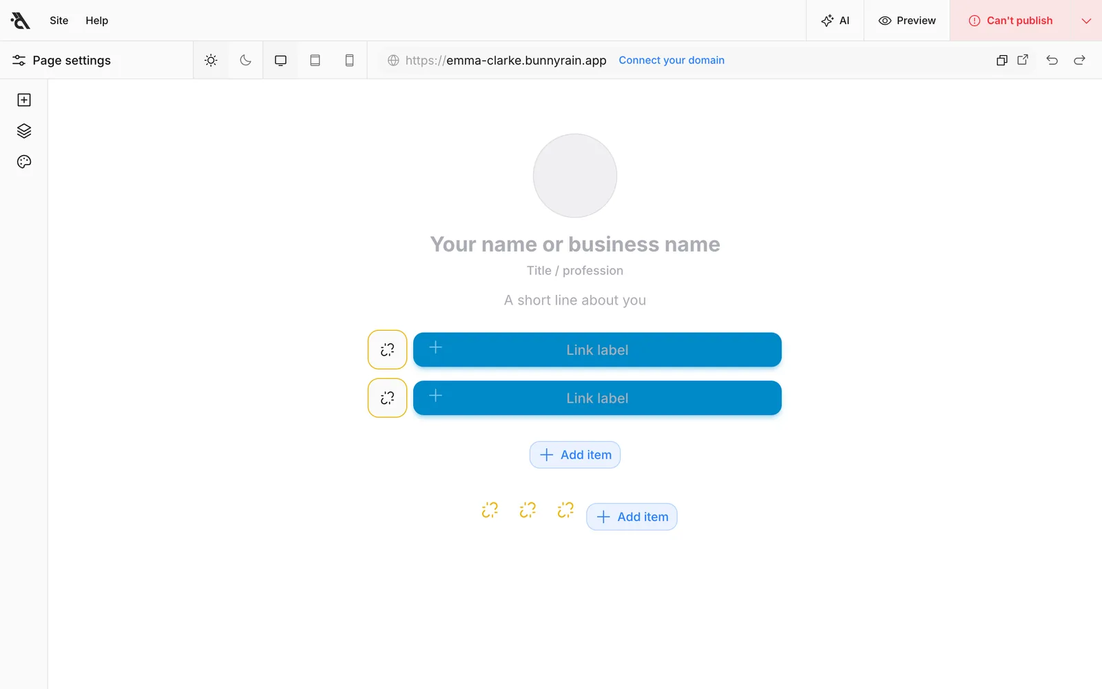 The new card's editor: an empty profile and two empty links