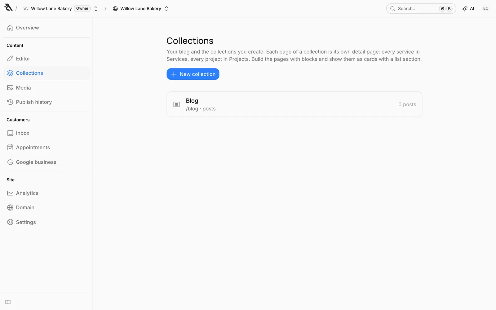The Collections screen: only the Blog, with New collection in the top right