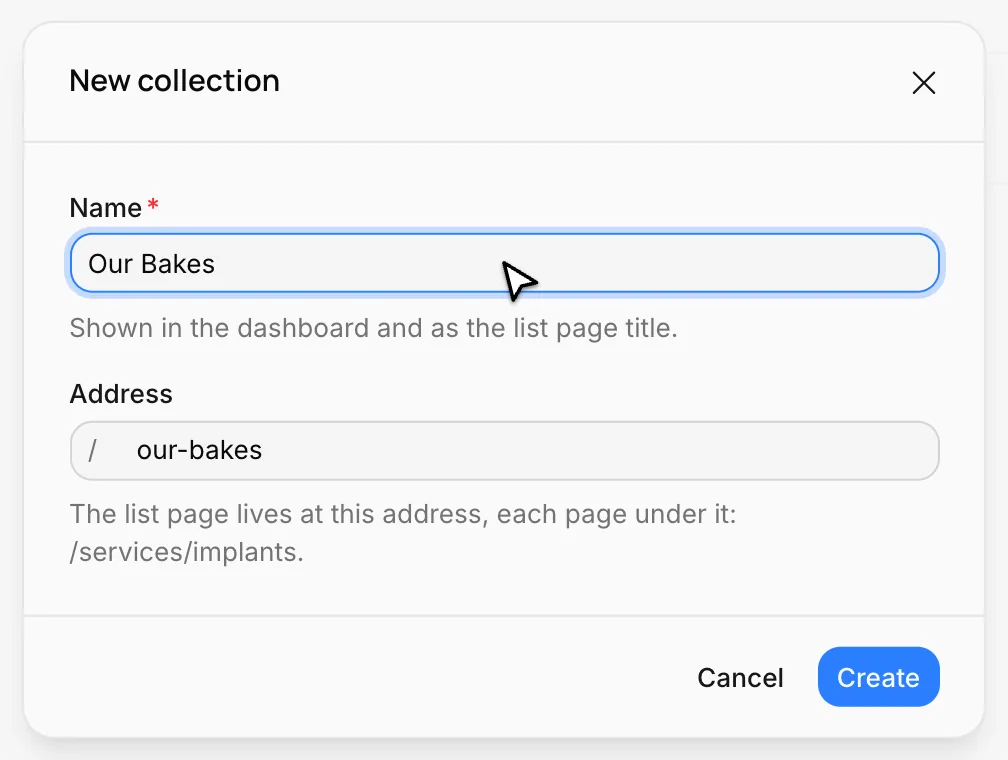 The New collection window: name Our Bakes, address our-bakes