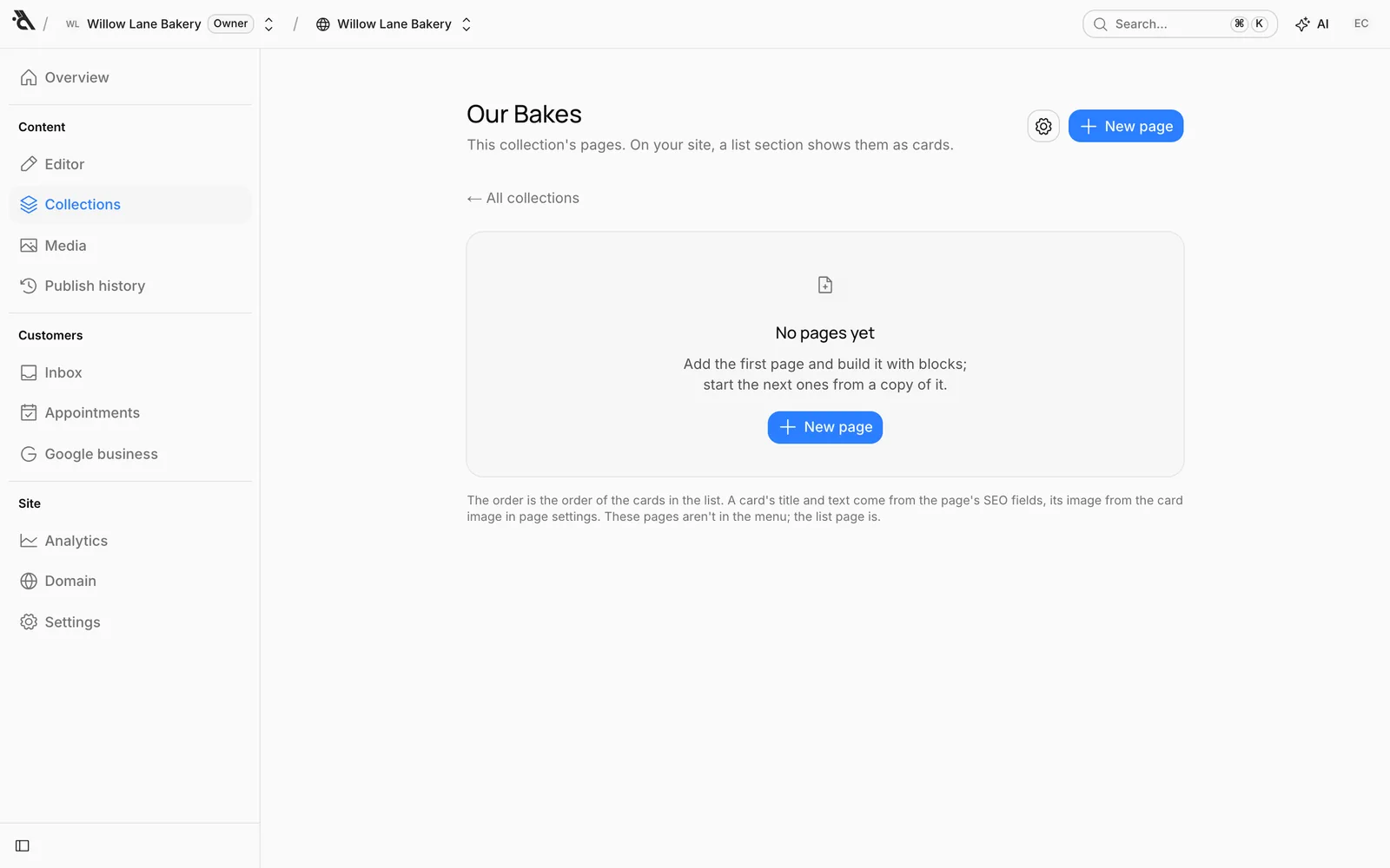 The Our Bakes collection with no pages yet