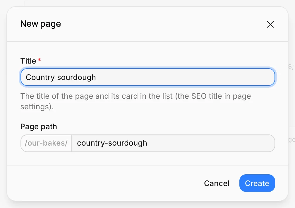 The New page window: title Country sourdough