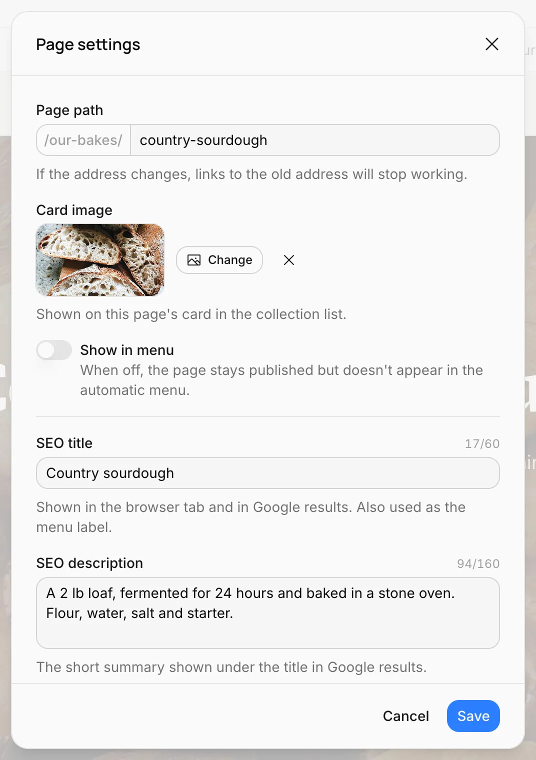 A collection page's settings: Page path, Card image, SEO title and description