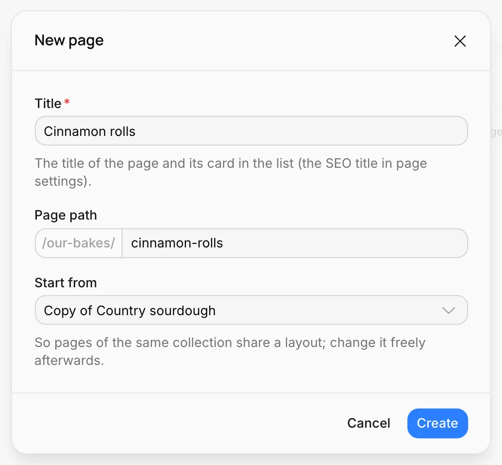 The New page window: Start from a copy of a page