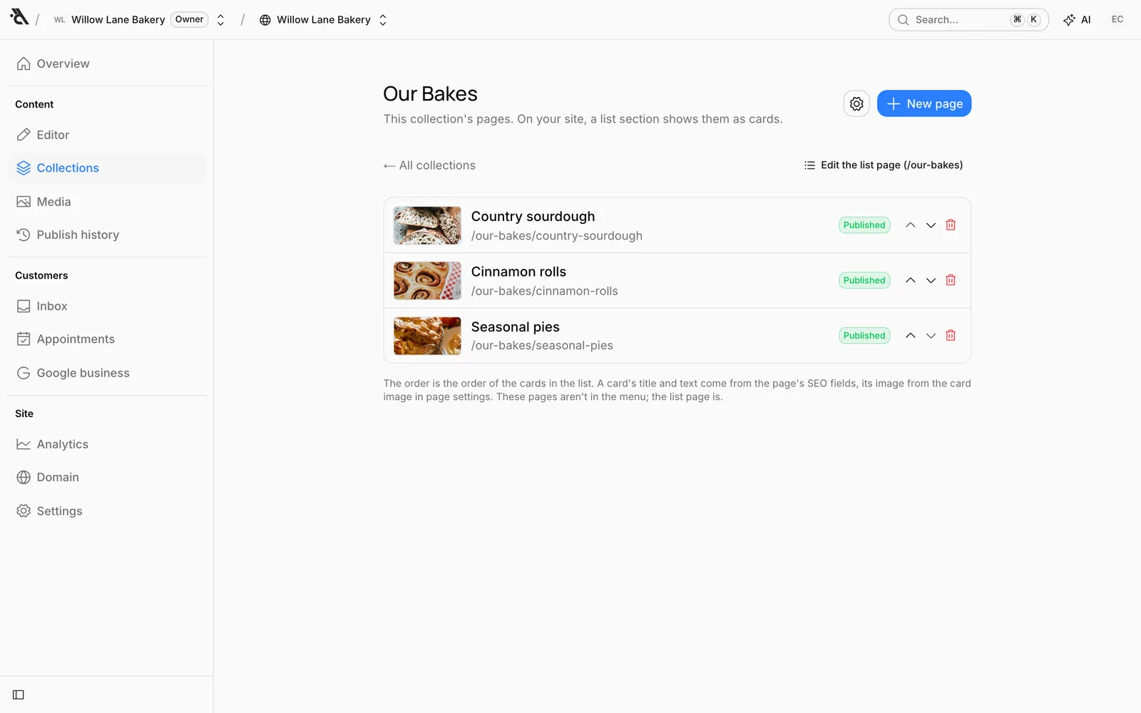The Our Bakes collection: three pages, ordering arrows and delete buttons