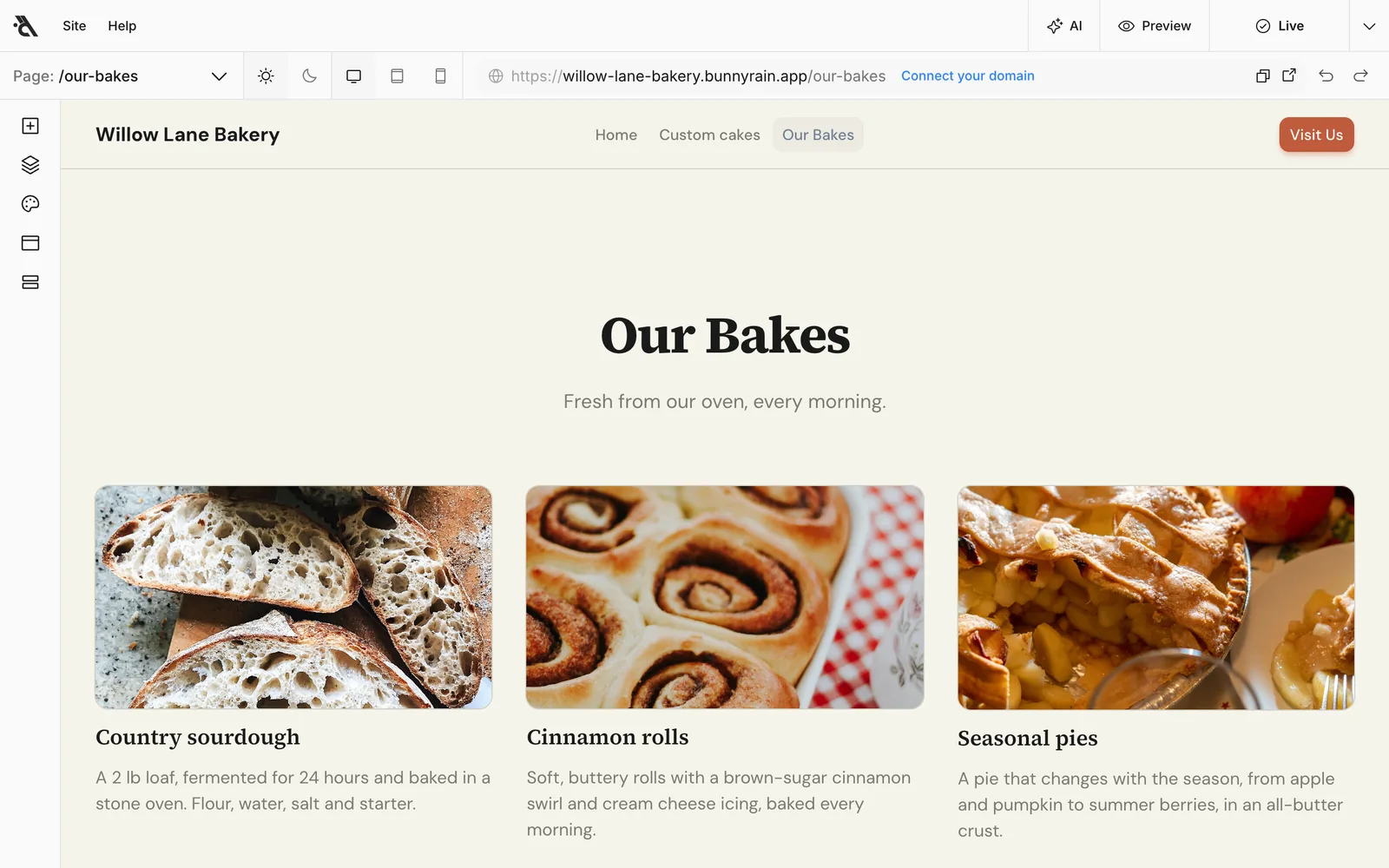 The Our Bakes list page in the editor: three product cards