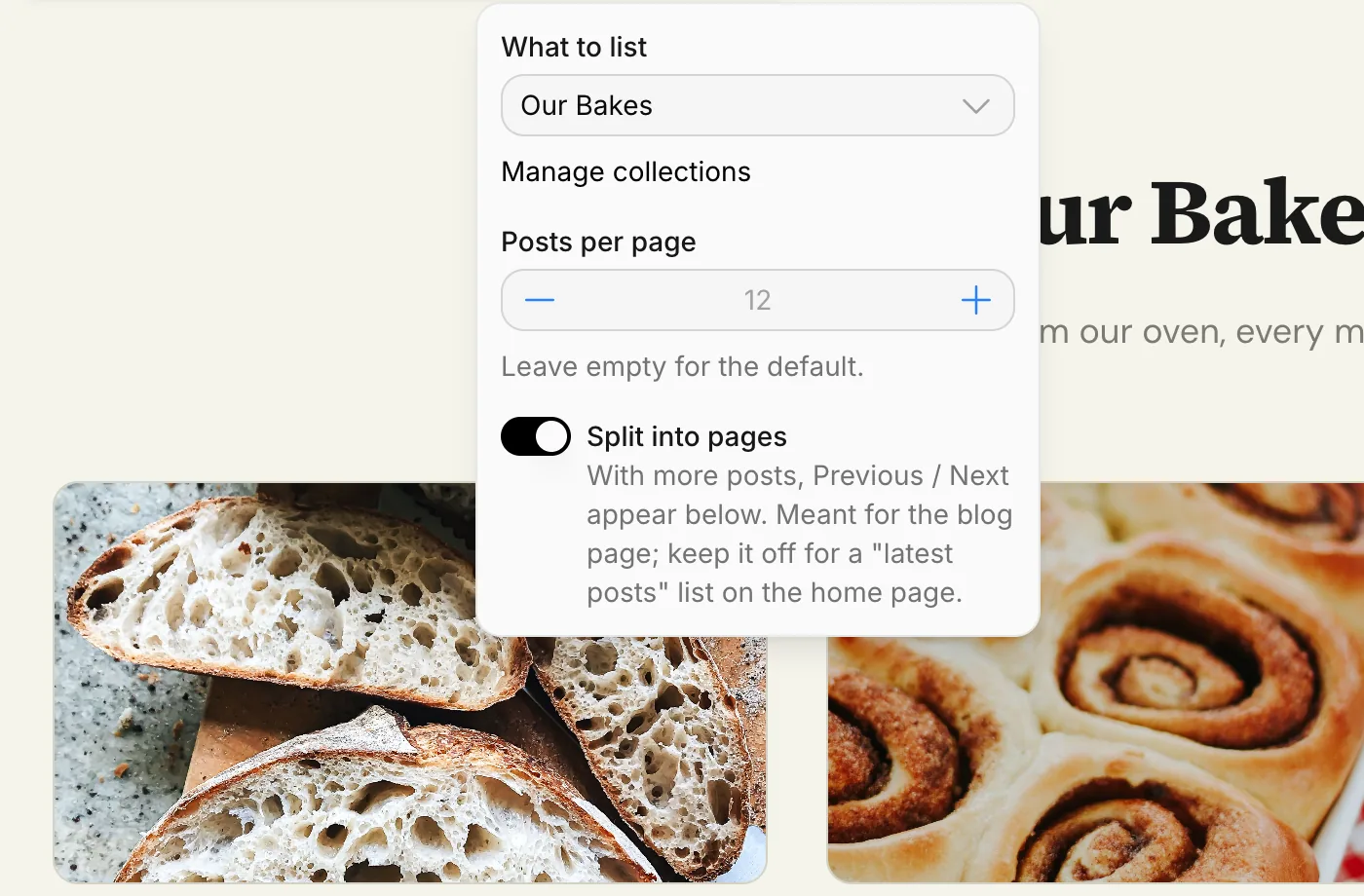 The List block's settings: What to list, Posts per page, Split into pages