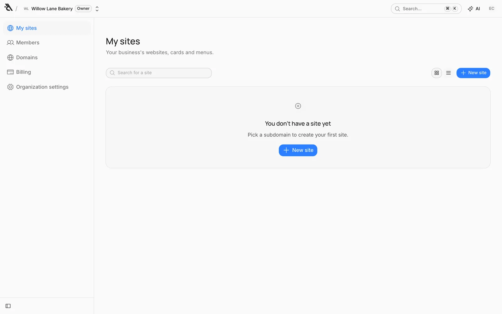 The empty My sites screen and the New site button