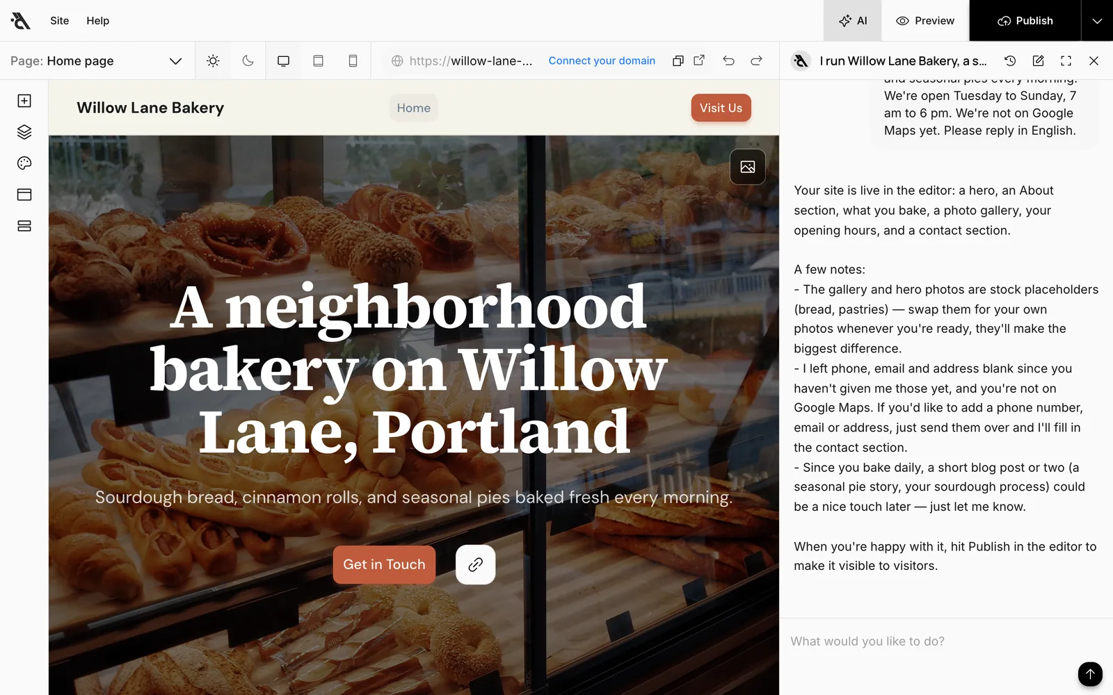 The Willow Lane Bakery page built by the assistant, and the assistant's reply