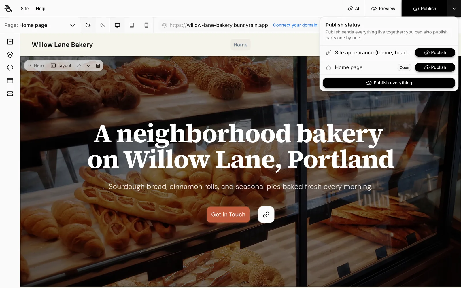 The Publish status menu: Site appearance, Home page and Publish everything