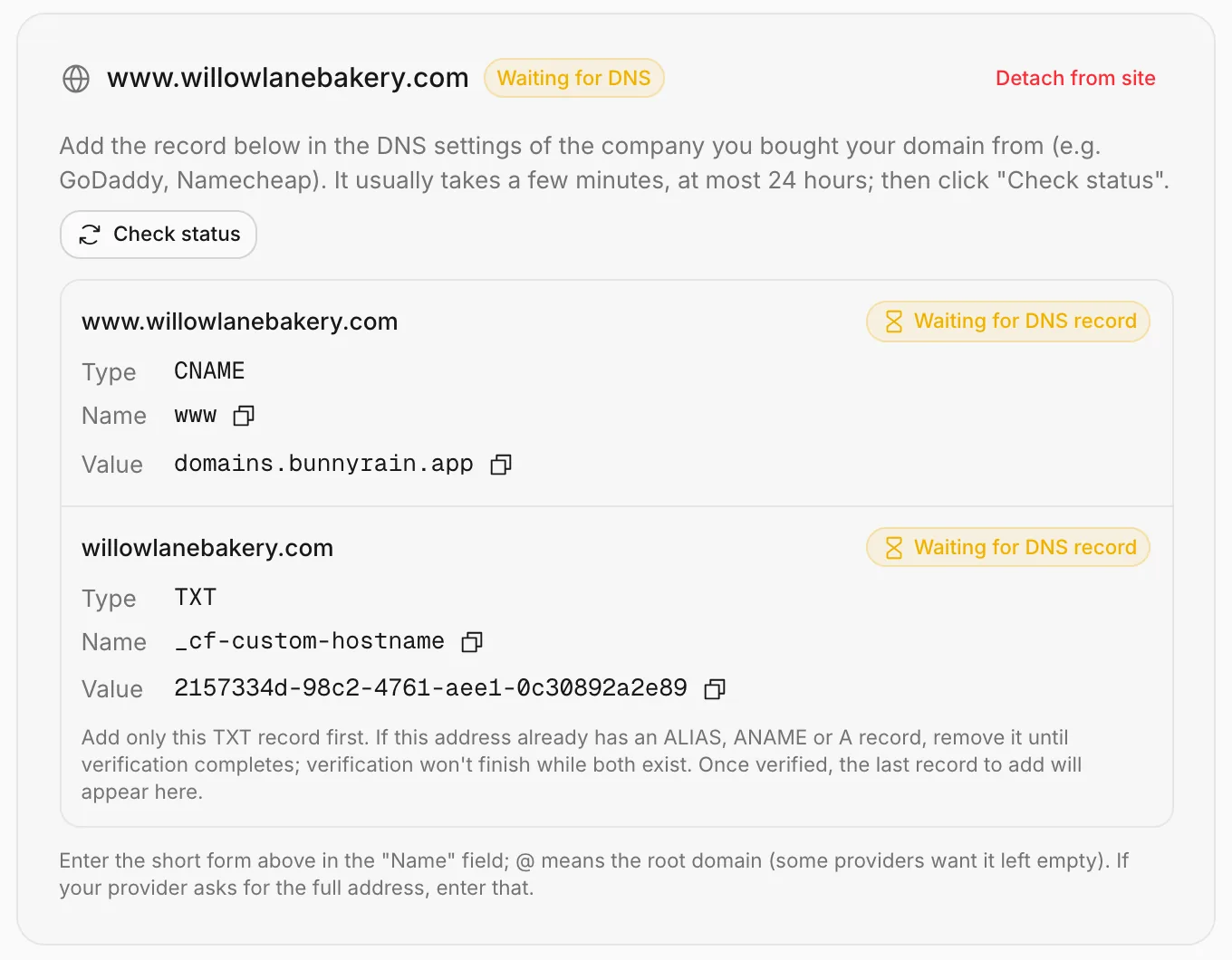 DNS records: CNAME for www, TXT for the root domain