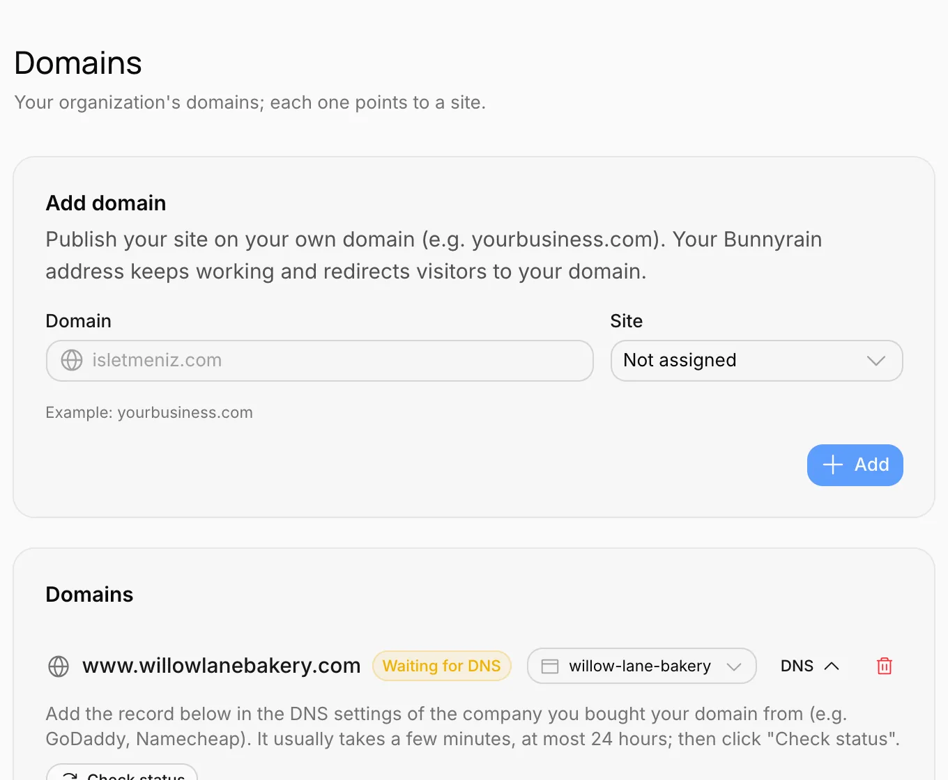 The Domains screen: Add domain and the list of domains