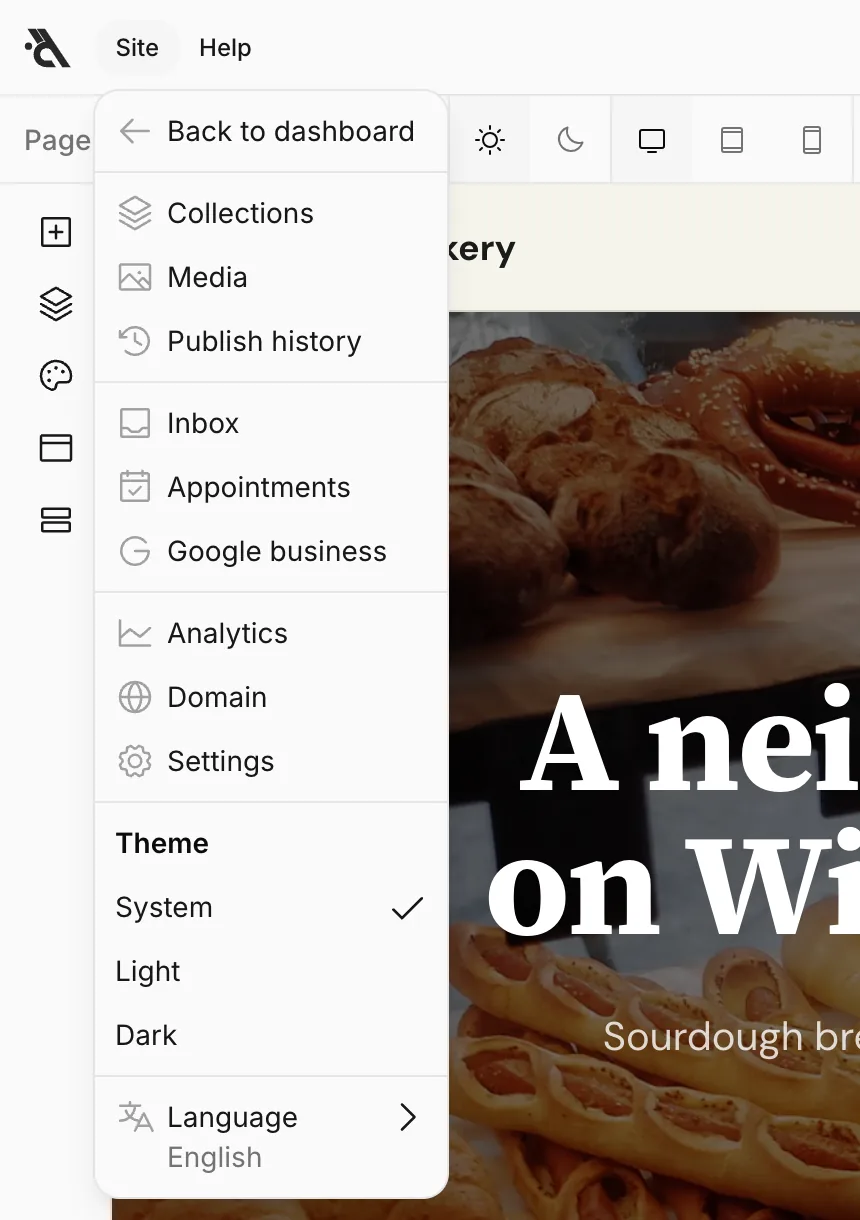 The Site menu: Back to dashboard, Collections, Media, Publish history, Inbox, Appointments, Google business, Analytics, Domain, Settings, Theme and Language