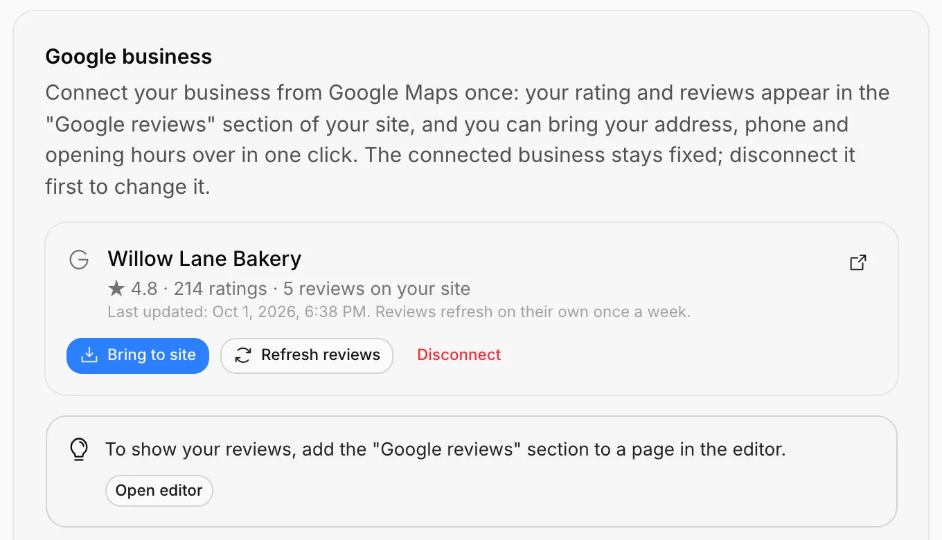 The connected business: rating, number of ratings, Bring to site, Refresh reviews and Disconnect