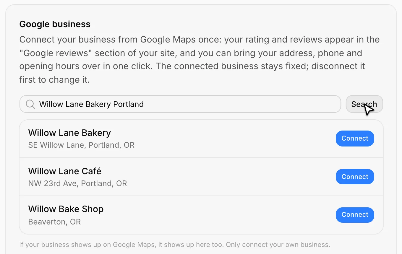 Search results and Connect buttons
