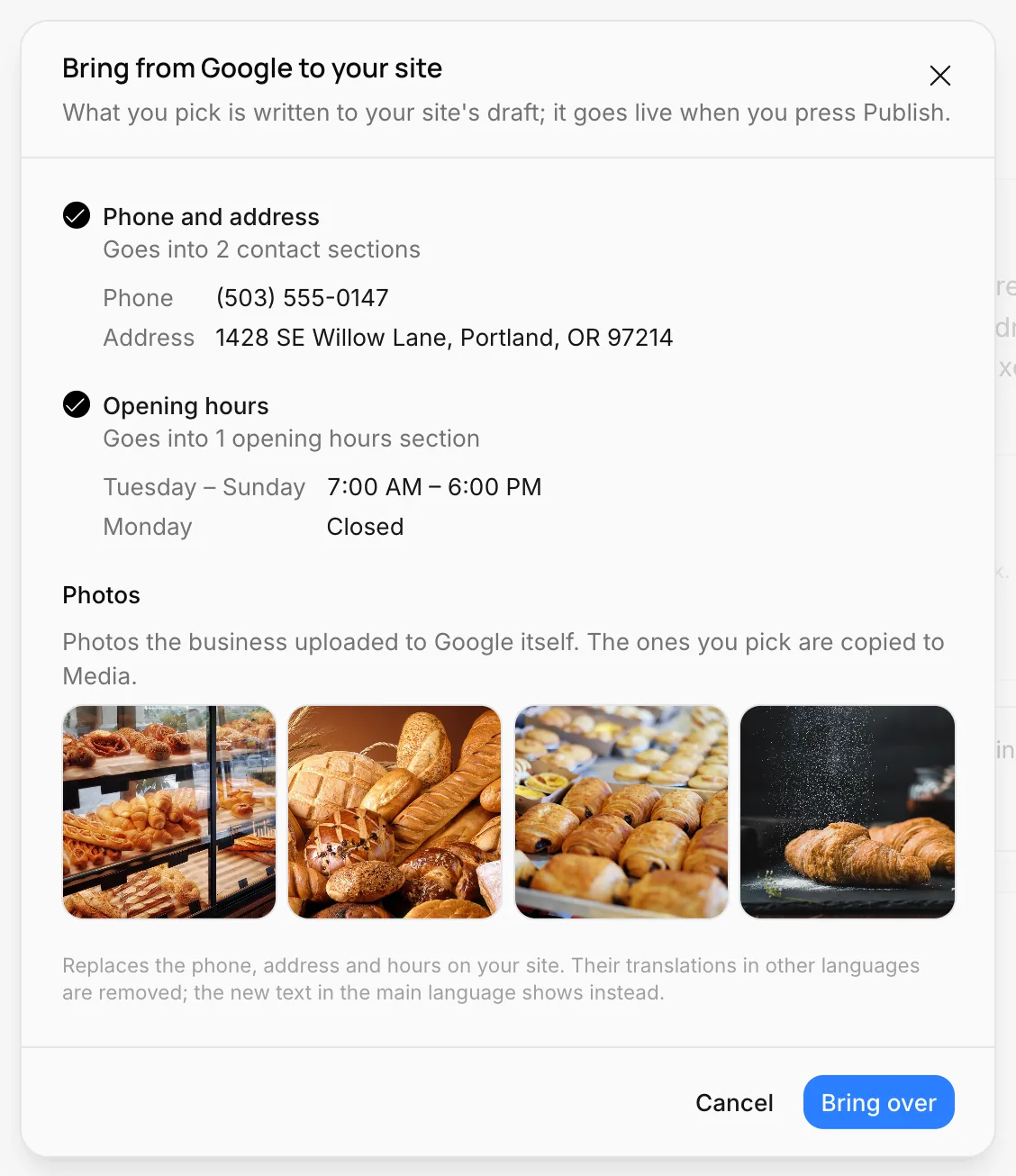 Bring from Google to your site: phone and address, opening hours and photos
