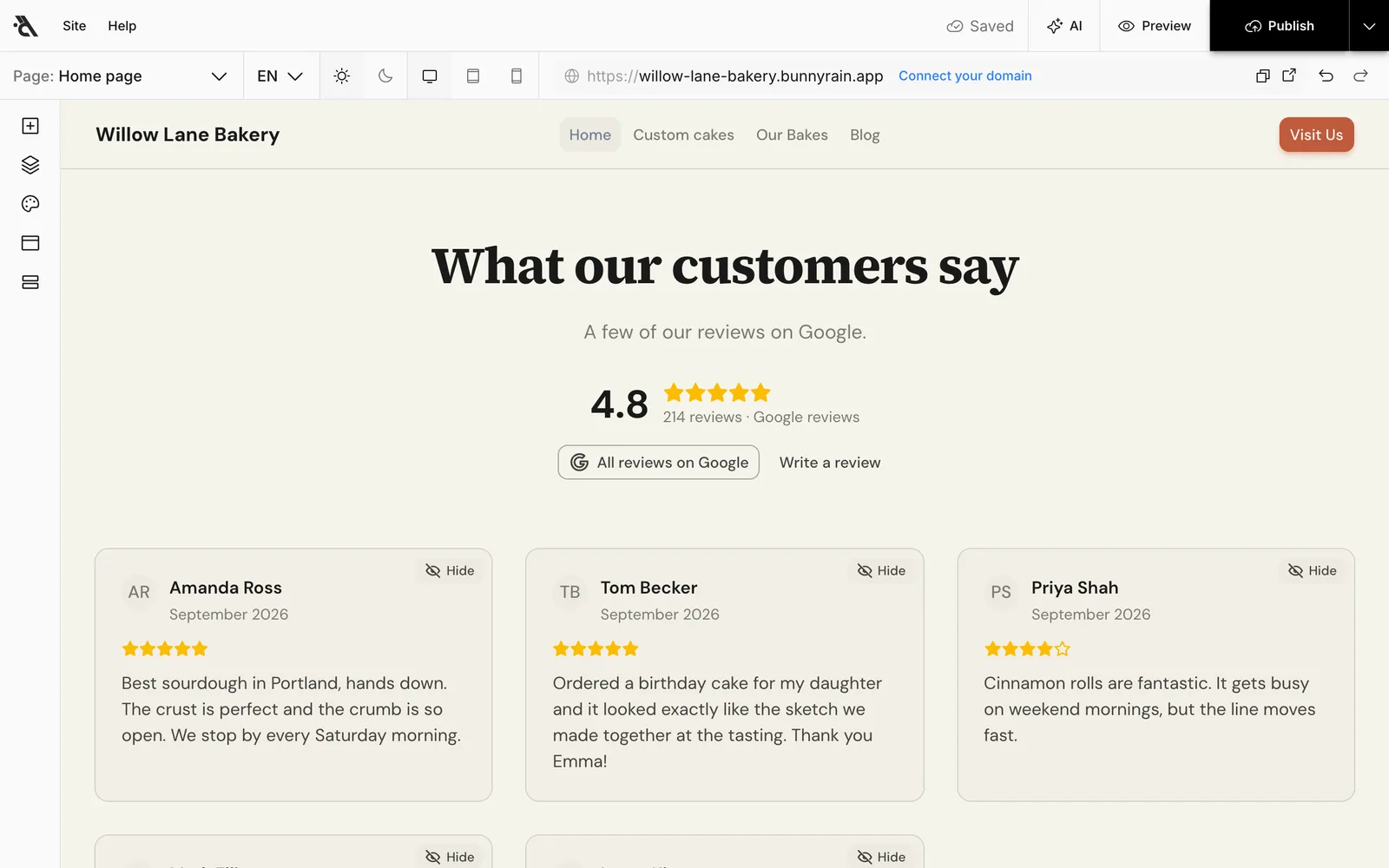 The Google reviews section in the editor: rating and review cards