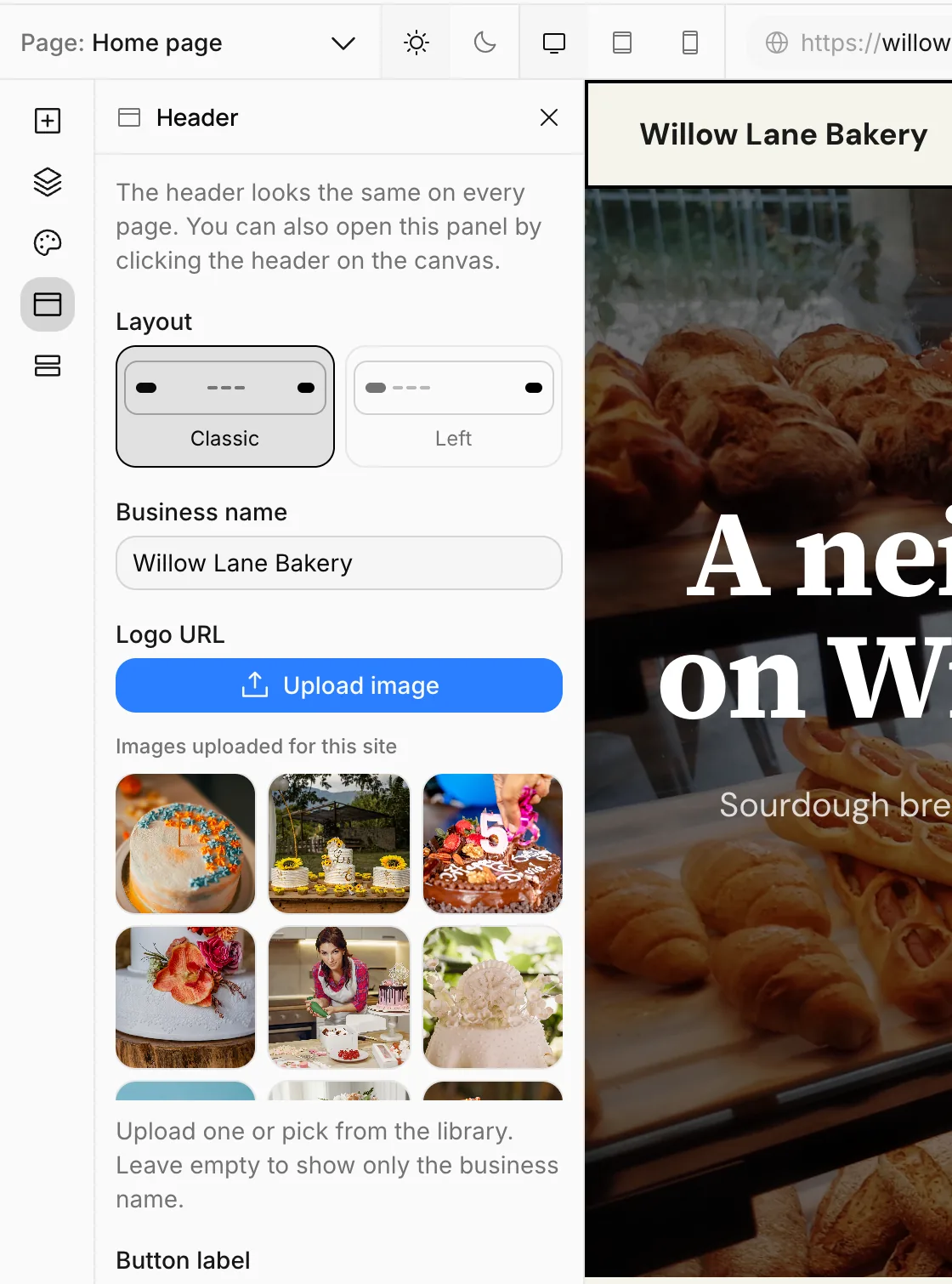 The Header panel: Layout, Business name, Logo URL and Button label