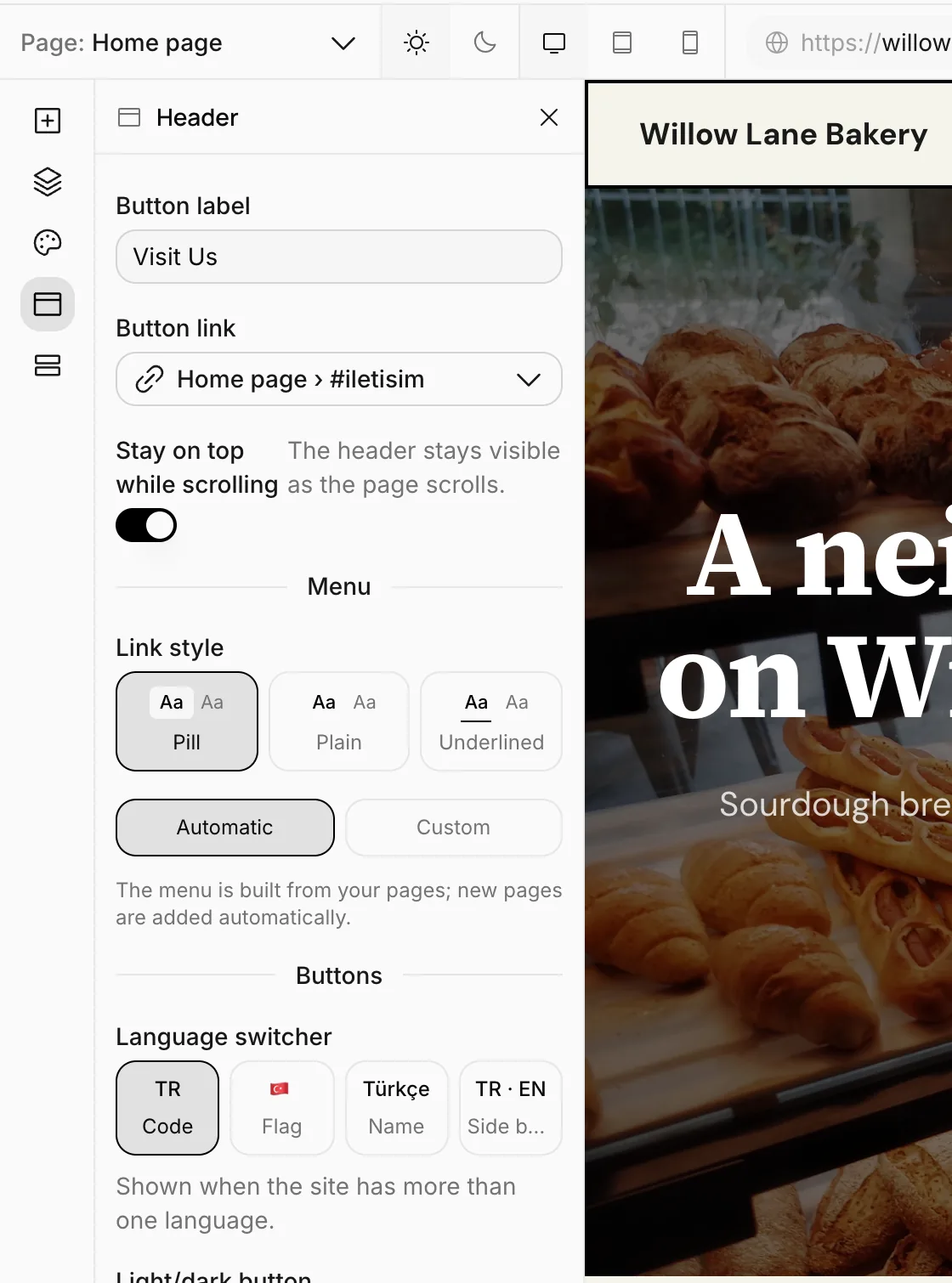 The menu section: Link style, Automatic and Custom