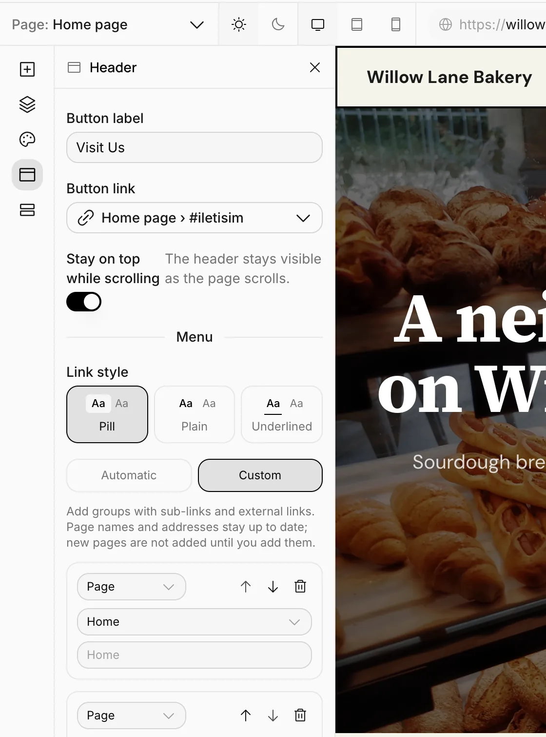Custom menu: page items, ordering arrows and Add to menu