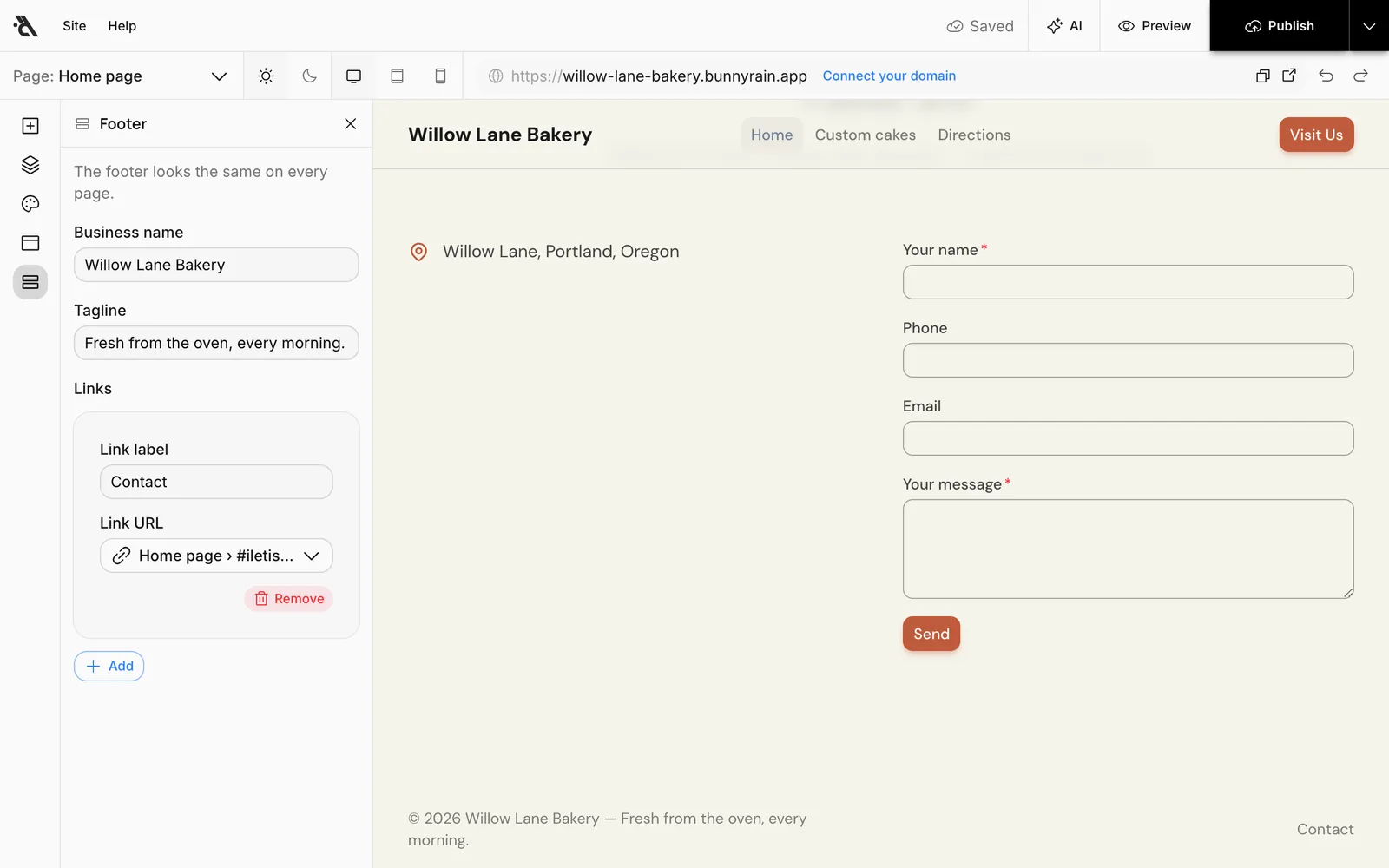 The Footer panel: Business name, Tagline and Links