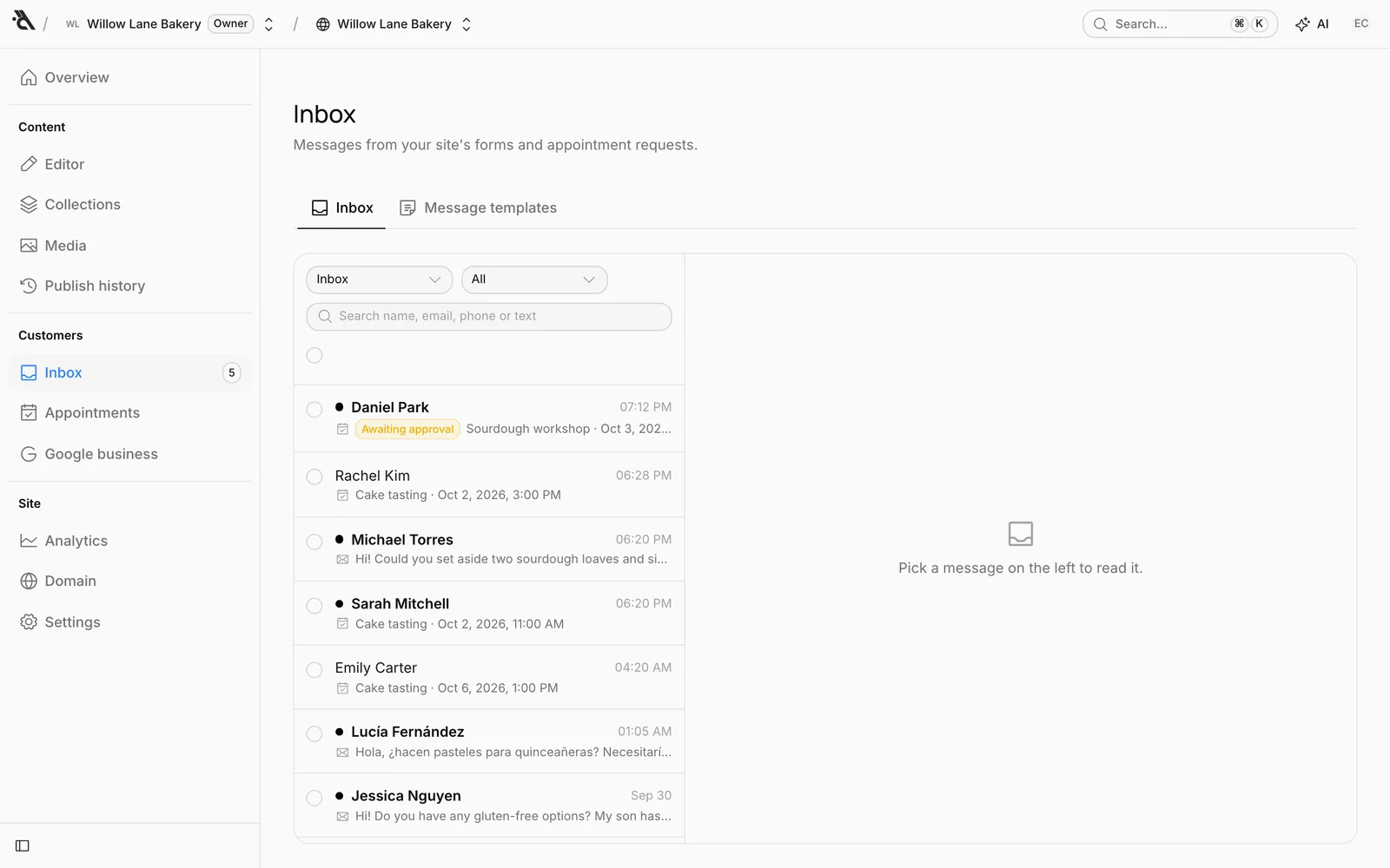 The inbox: the message list on the left, the open message on the right