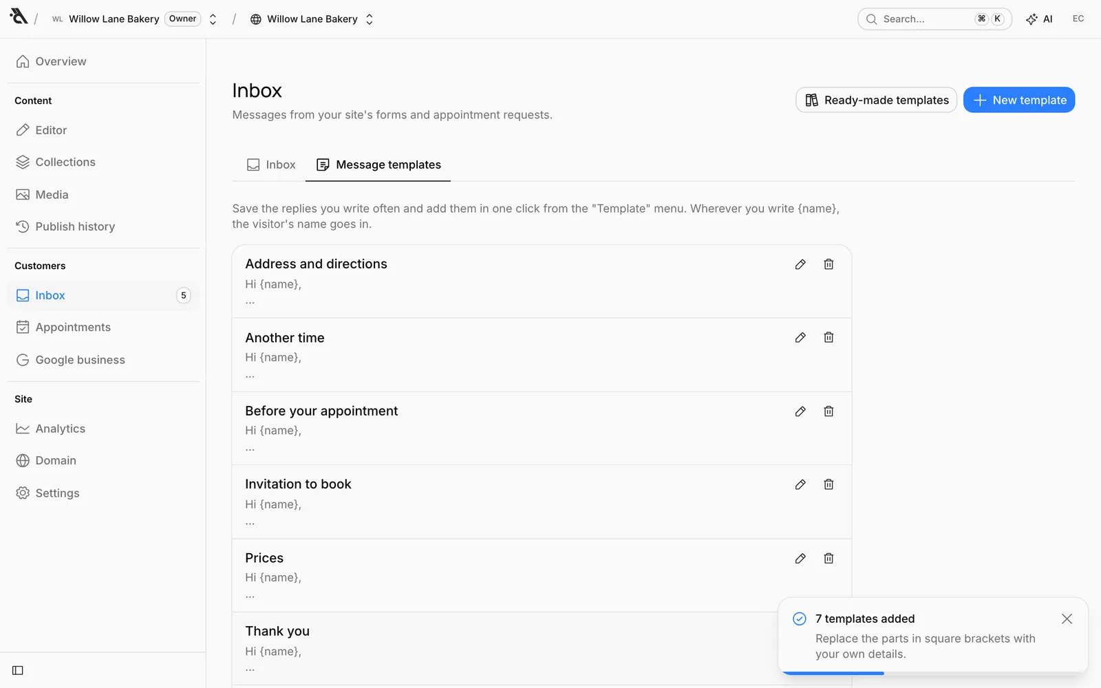 The Message templates tab