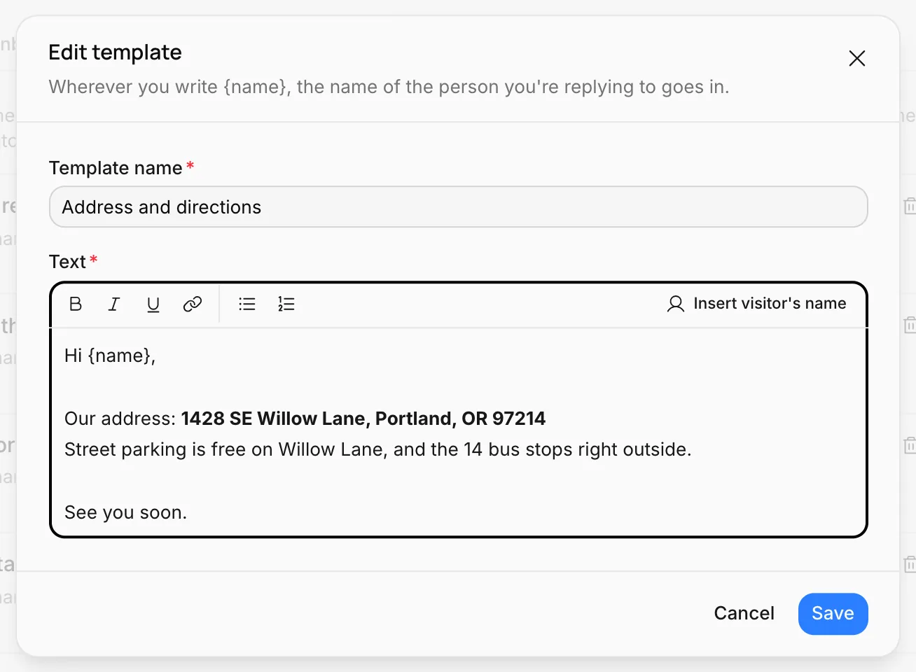 Edit template: Address and directions