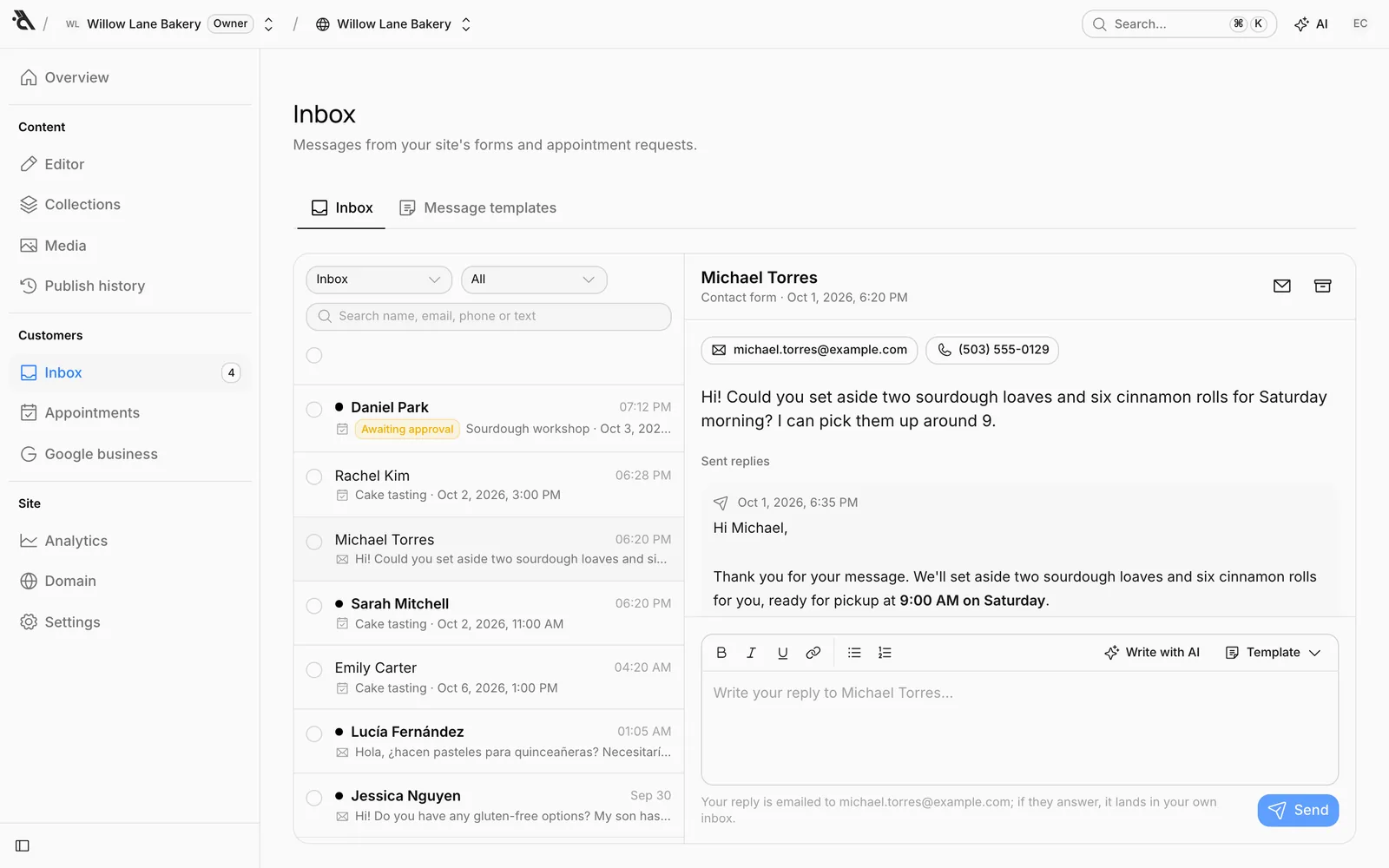Sent replies: an earlier reply under the message