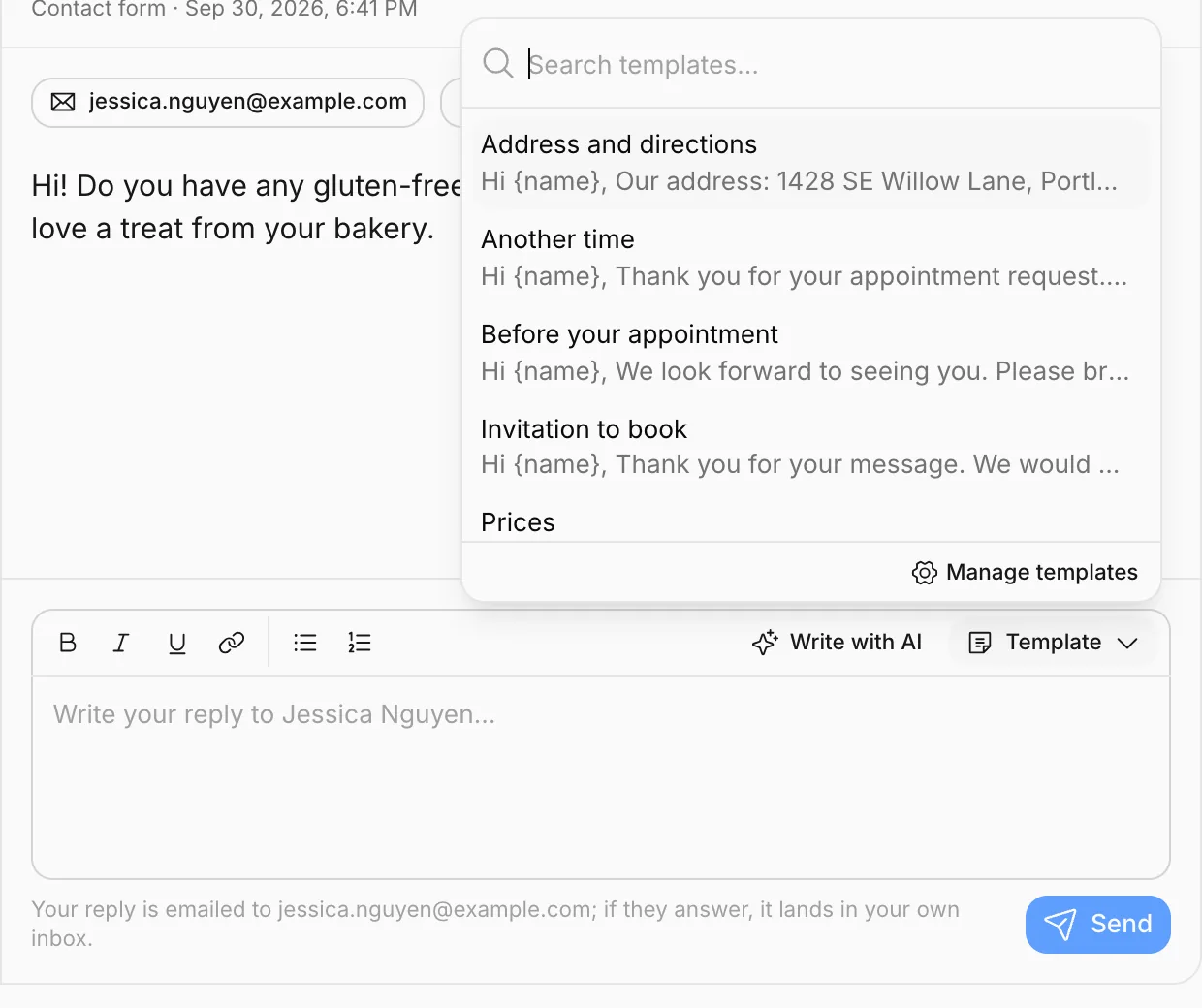 The Template menu in the reply box