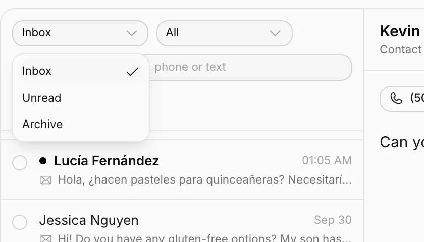 Choosing a folder: Inbox, Unread, Archive