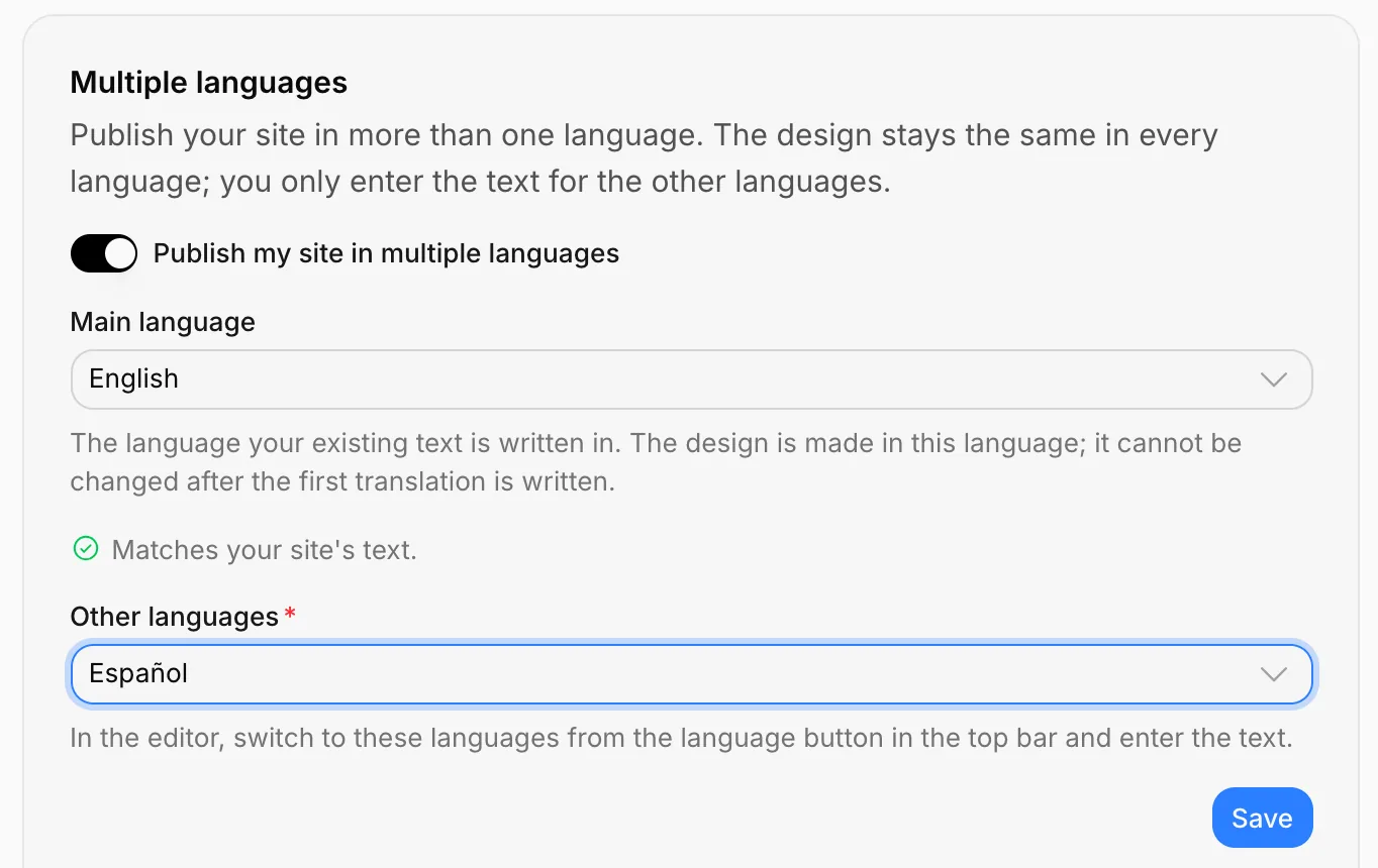 The Multiple languages card: main language English, other language Español