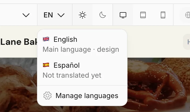 The language menu in the editor: English main language, Español not translated yet, Manage languages