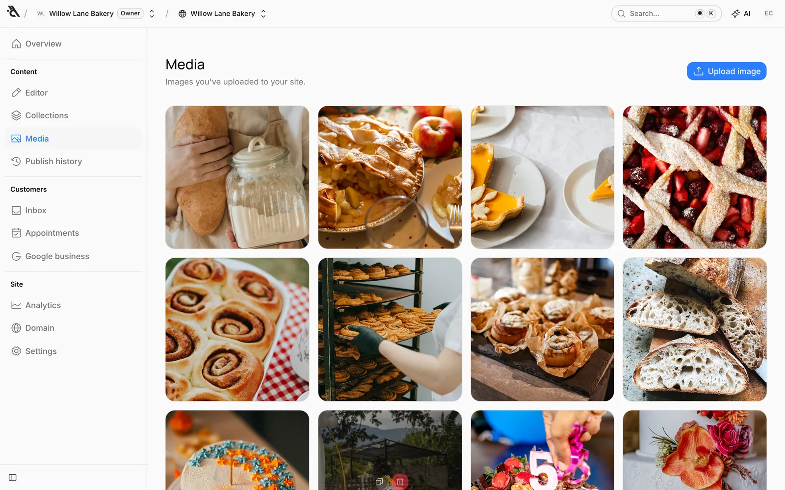 The Media screen: a grid of uploaded images and the Upload image button